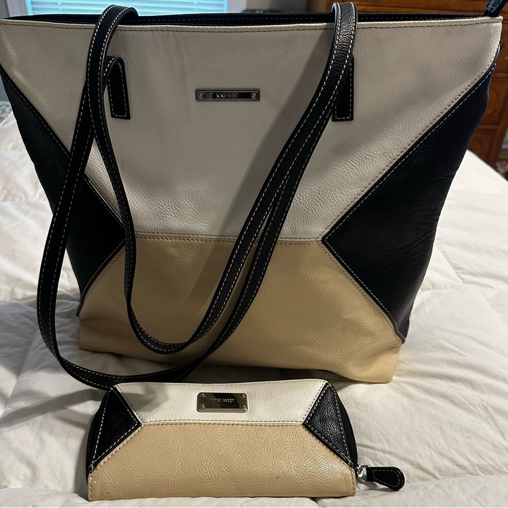 Nine West Black, Cream, and Tan Tote with Matching Wallet.